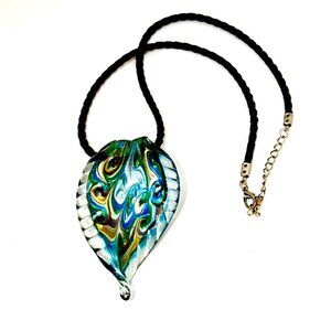 Art Glass Leaf Pendant/Necklace Peacock Feather/Swirl Pattern